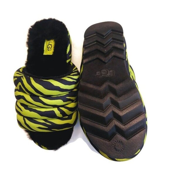 UGG Womens 6 Maxi Slide Tiger Print Sheepskin Platform Slippers Key Lime Green - Picture 7 of 8